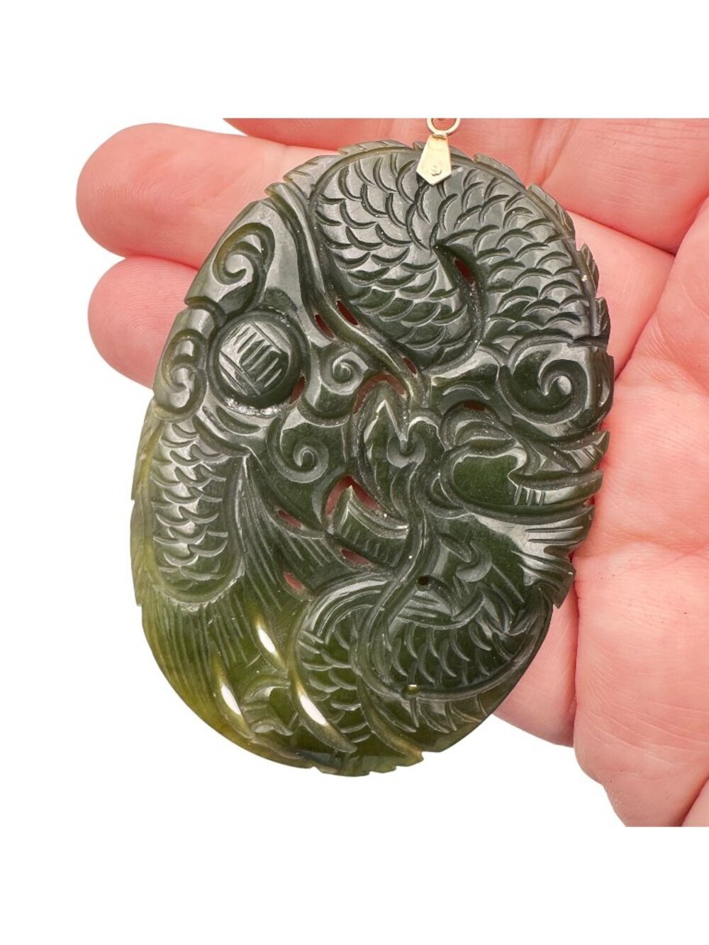 Vintage Chinese 14k Gold Carved Jade Dragon 2 3/4" x 2" Pendant Only